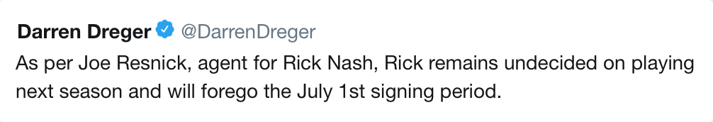 Rick Nash, renonce à la période de signature du premier juillet...