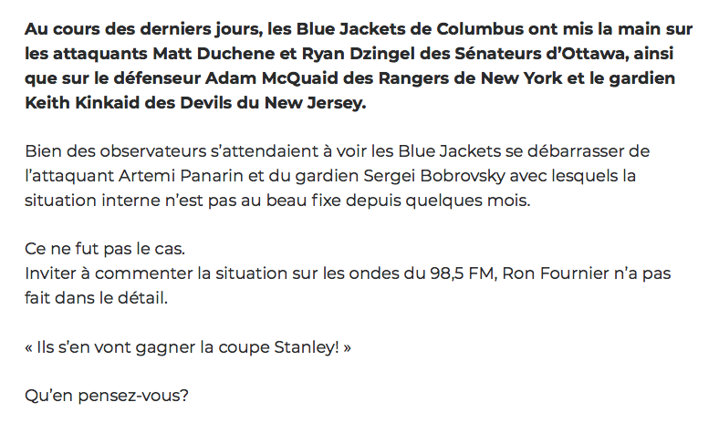 Ron Fournier envoie la Coupe Stanley....à...