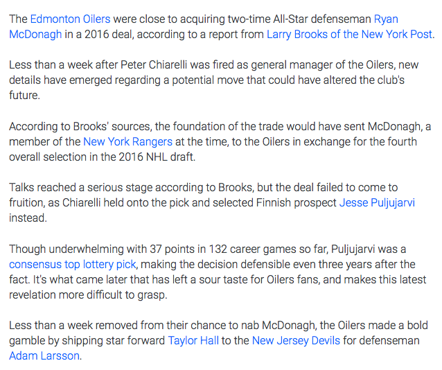 Ryan McDonagh est passé à deux doigts d'être échangé à Edmonton.