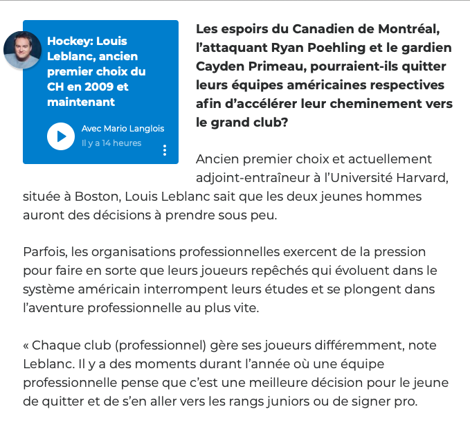 Ryan Poehling et Cayden Primeau.. N'écoutez pas les conseils de Louis Leblanc..