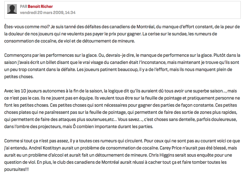 SAGA CAREY PRICE: VIOL OU DÉTOURNEMENT DE MINEUR...ou fausses rumeurs?