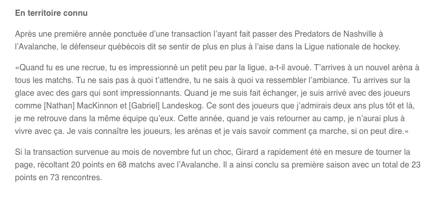 Samuel Girard a une tête sur les épaules..Et Bergevin, lui...