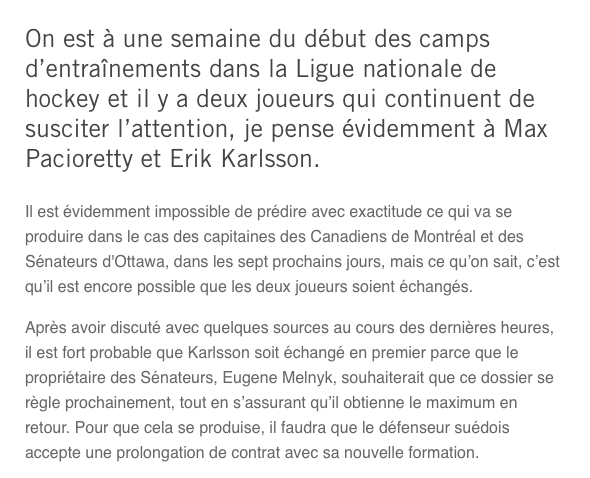 Selon Renaud Lavoie..Erik Karlsson sera échangé à Dallas...Bien avant Pacioretty...
