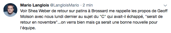 Shea Weber de retour au jeu en novembre ?