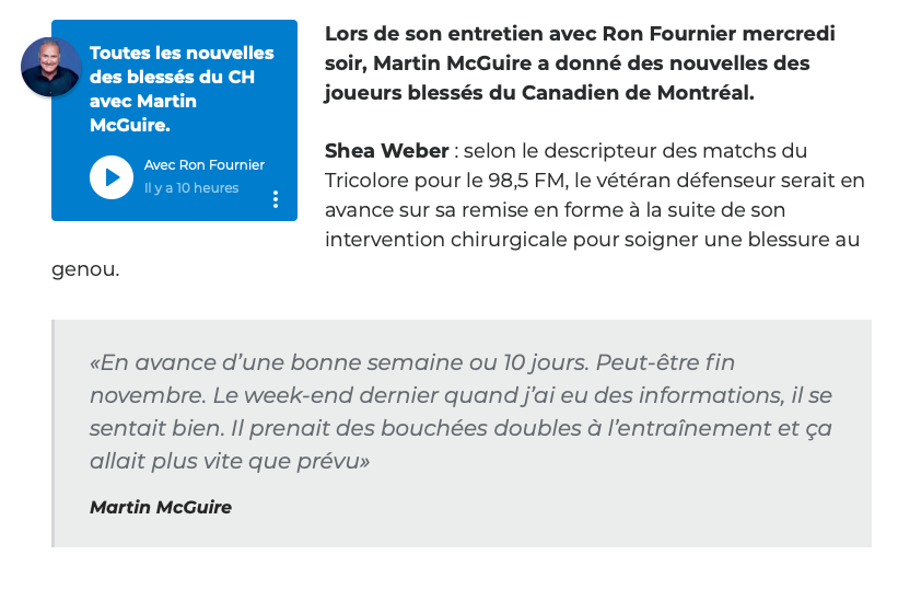 Shea Weber de retour...avant Paul Byron??????