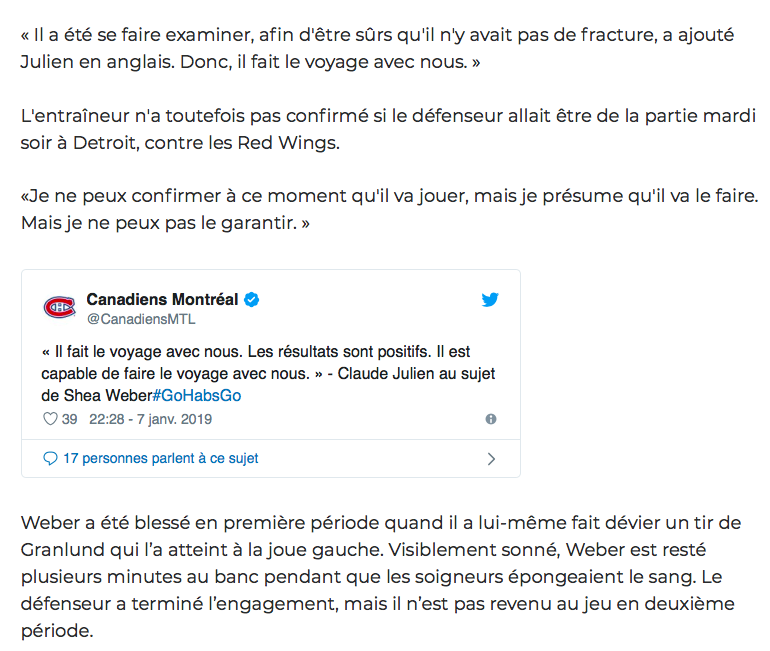 Shea Weber est OK...