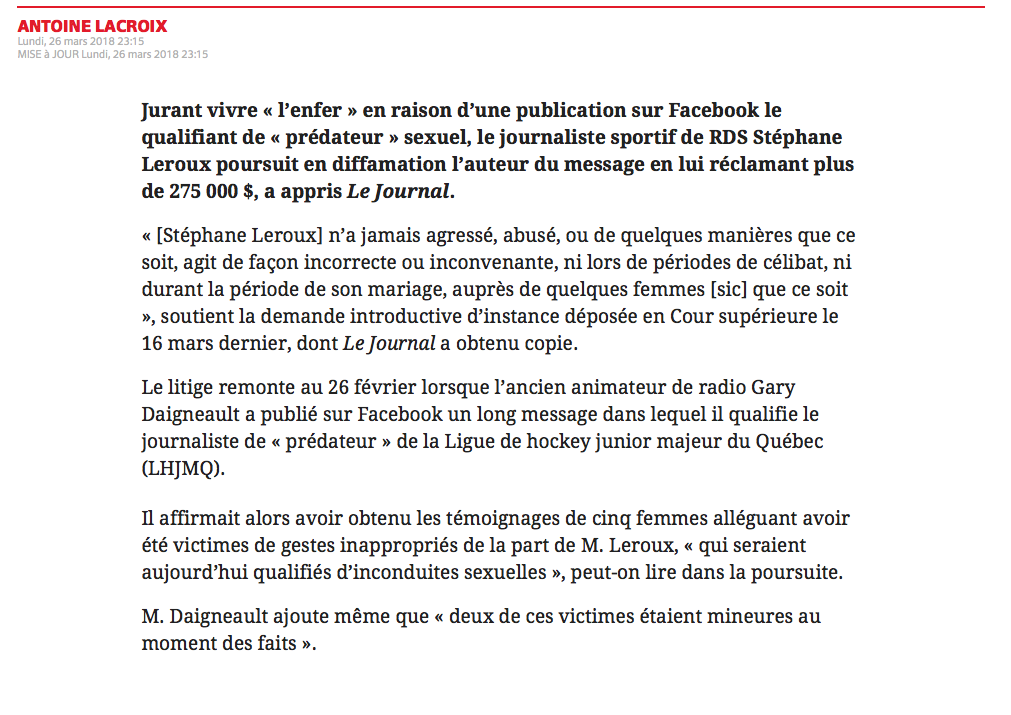 Stéphane Leroux veut vous dire qu'il n'est pas un PRÉDATEUR SEXUEL...