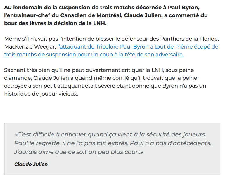 SUSPENSION de TI-PAUL Byron: Claude Julien semblait en TA....