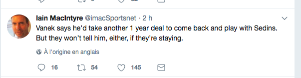 Thomas Vanek vient d'avouer...Que les Sedin pourraient quitter Vancouver.
