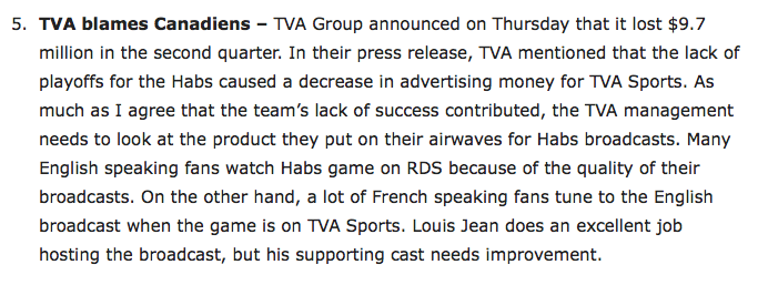 TVA SPORTS, accuse le Canadien...