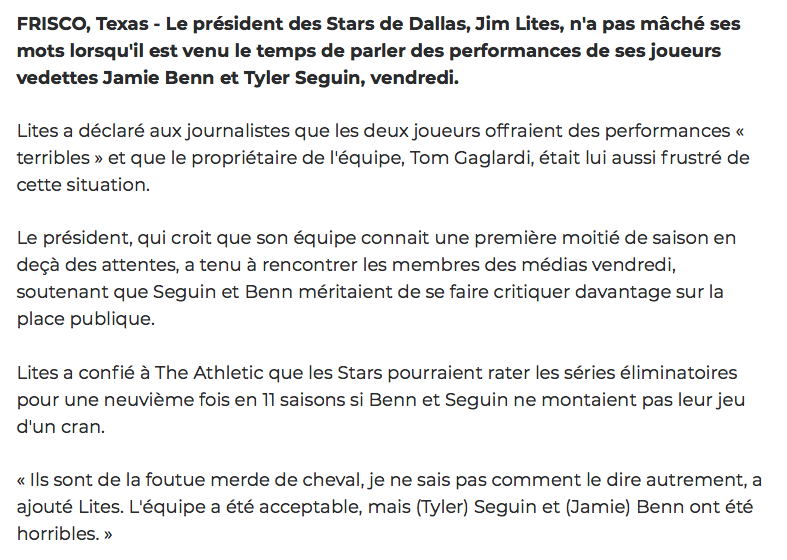 Tyler Seguin et Jamie Benn...sont d'accord...qu'ils sont de la MERDE de CHEVAL...