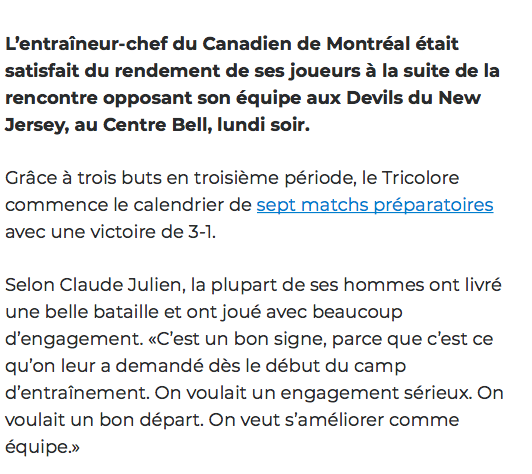 Un BON SIGNE selon Claude Julien....