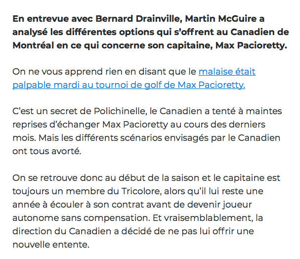 Un médiateur pour rapprocher...Max Pacioretty et Marc Bergevin...