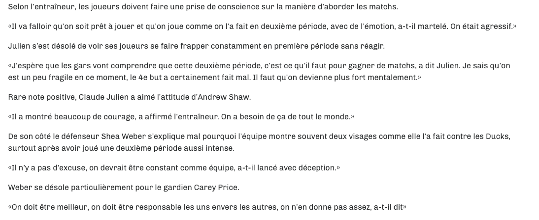 Un peu plus..Et Claude Julien traitait ses joueurs de FELUETTES..