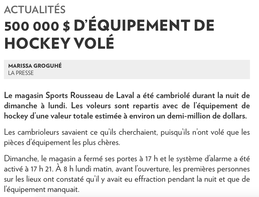 Un VOL de BANQUE...dans un magasin de hockey....