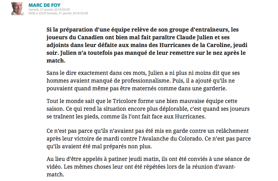 Une autre preuve..Que Claude Julien a perdu son vestiaire..