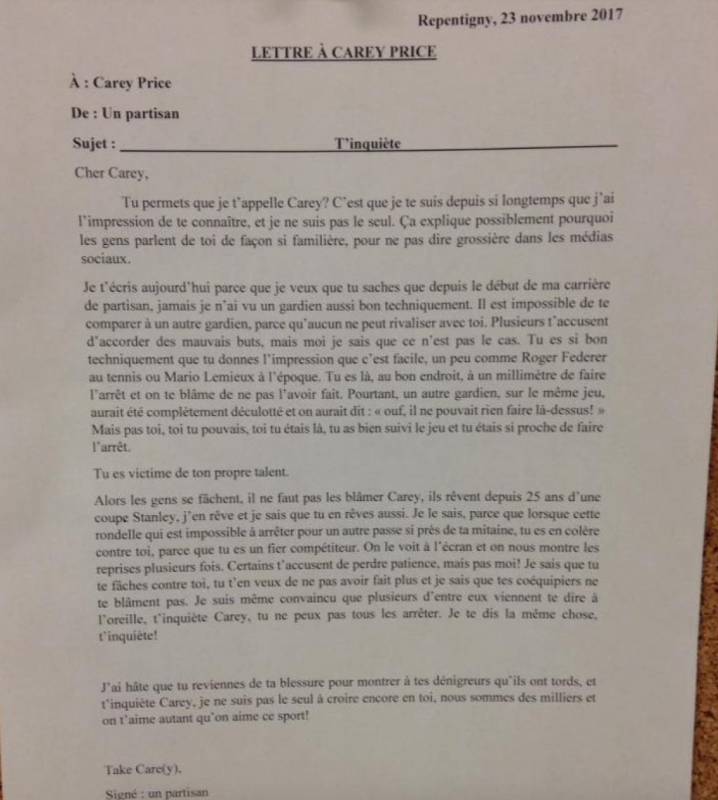 Une LETTRE LICHEUSE DE CUL..à Carey Price...HAHA!!!!