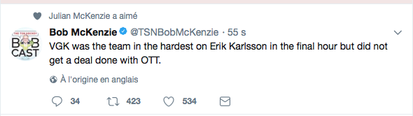 Vegas a tout essayé pour Erik Karlsson...