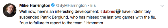 WOW...Les Sabres suspendent Patrik Berglund, parce qu'il...