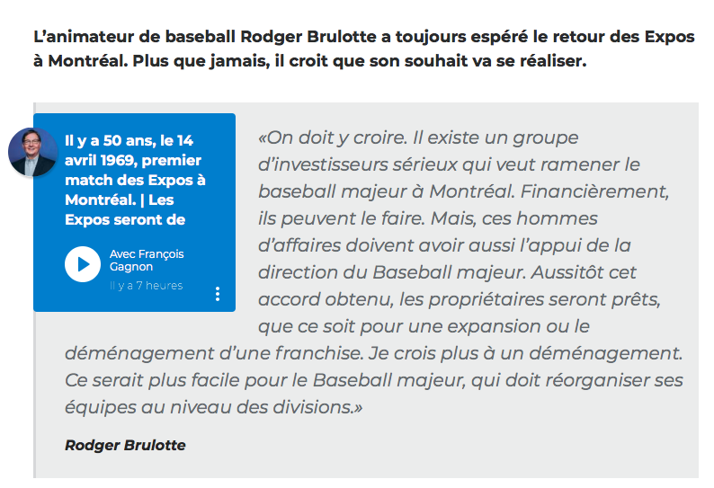 Le retour des Expos...Rodger Brulotte y croit DUR COMME FER..