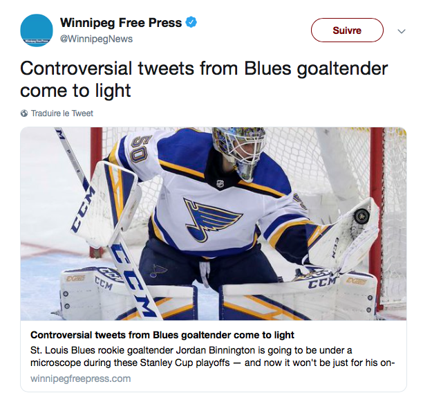 Les médias de Winnipeg sortent des vieux TWEETS de Jordan Binnington...