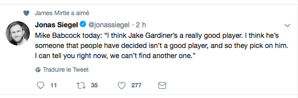 Mike Babcock a pris la défense de Jake Gardiner...