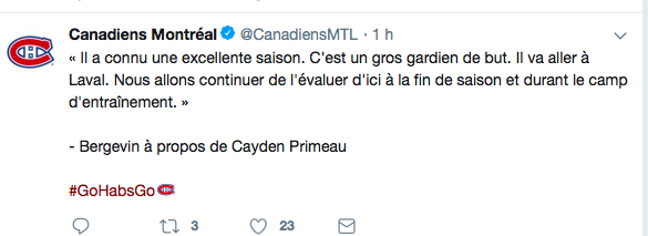 On pensait que Marc Bergevin allait être plus FEFAN en parlant de Cayden Primeau.