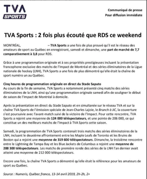 TVA Sports continue de se faire NIAISER avec son communiqué BIDON...