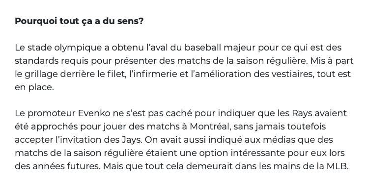 20 matchs pour les RAYS à Montréal en 2020..