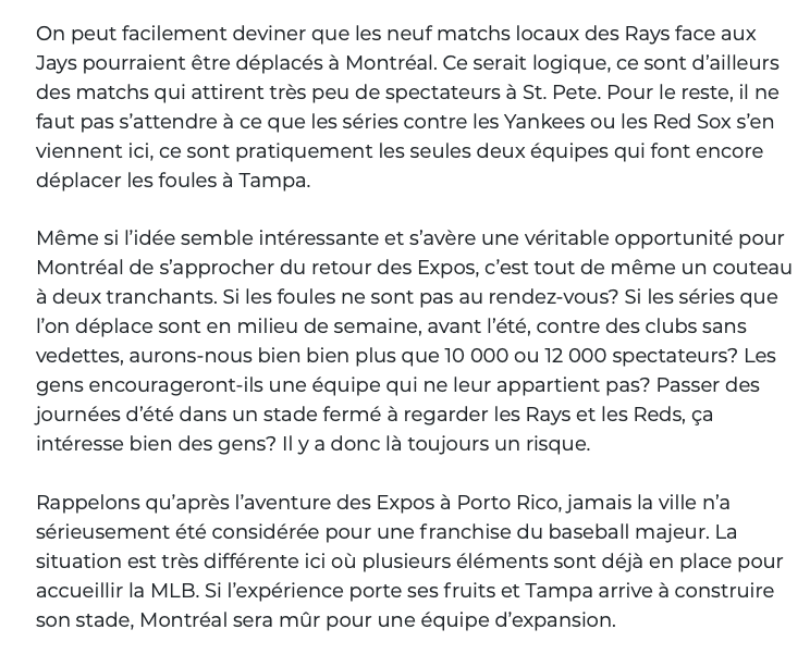 20 matchs pour les RAYS à Montréal en 2020..