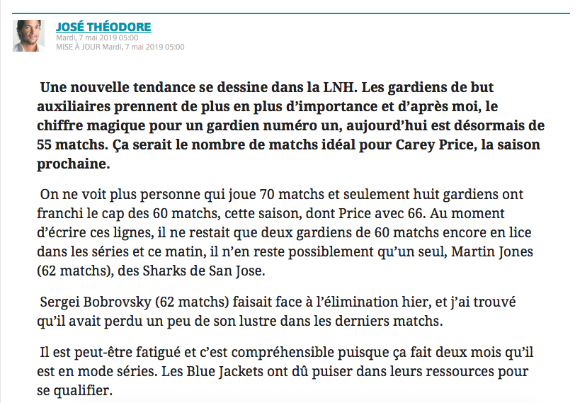 Ce n'est pas la JALOUSIE de José Théodore à l'endroit de Carey Price qui parle...