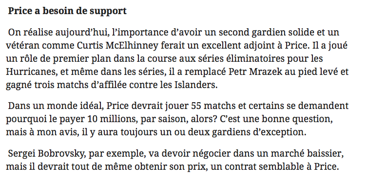 Ce n'est pas la JALOUSIE de José Théodore à l'endroit de Carey Price qui parle...