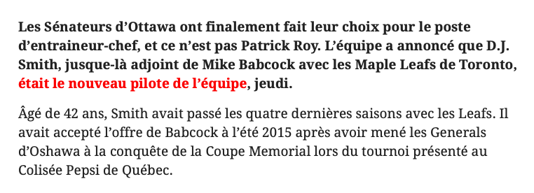 C'est PARFAIT que les Sénateurs n'ont pas choisi Patrick Roy...