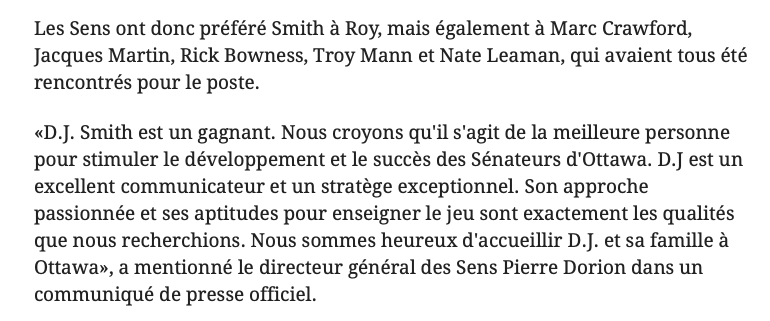 C'est PARFAIT que les Sénateurs n'ont pas choisi Patrick Roy...