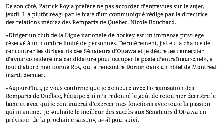 C'est PARFAIT que les Sénateurs n'ont pas choisi Patrick Roy...