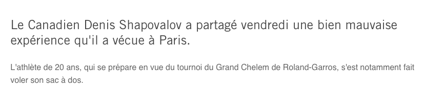 Denis Shapovalov VICTIME d'un VOL à Paris...