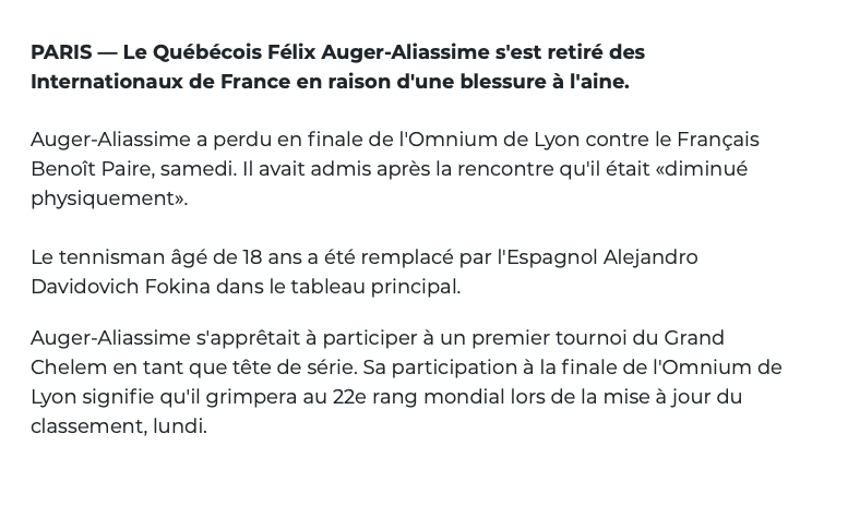 Félix Auger-Aliassime OUT de Roland Garros..