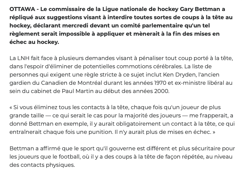 Gary Bettman ne veut pas ÉLIMINER les COUPS à la tête..