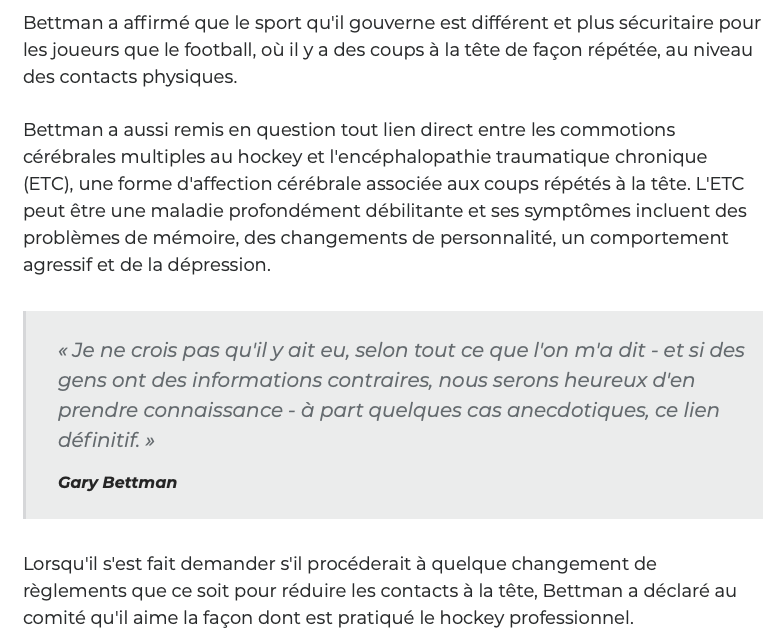 Gary Bettman ne veut pas ÉLIMINER les COUPS à la tête..