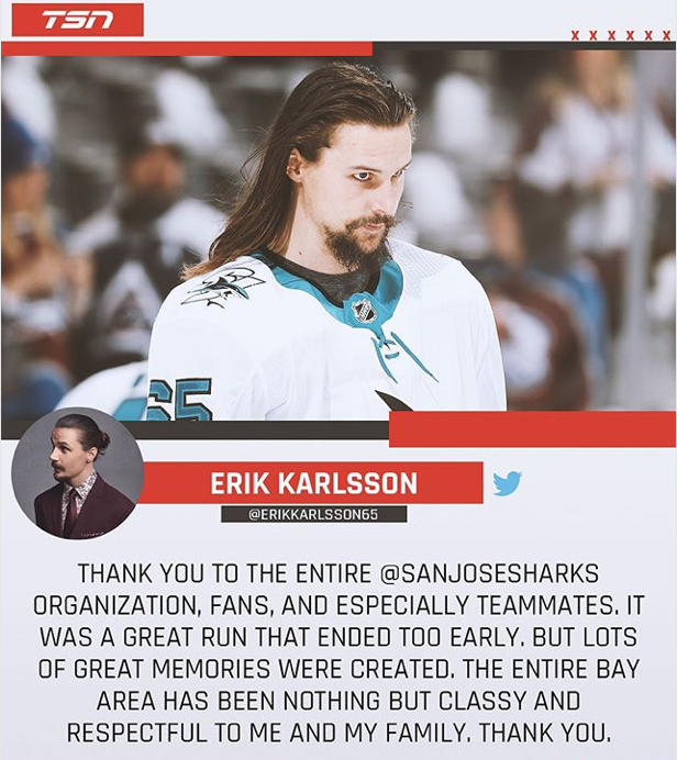 La fin d'Erik Karlsson à San Jose...