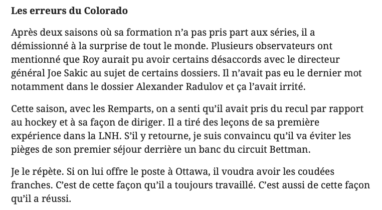 Le JOURNAL de Montréal affirme que Patrick à Ottawa....c'est le PIRE FIT...