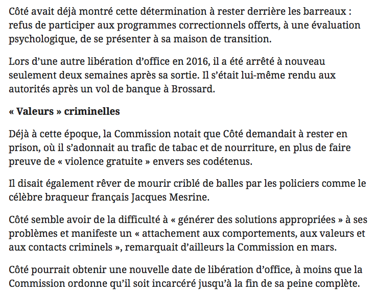 Le QUÉBÉCOIS CRIMINEL...Veut rester en PRISON...