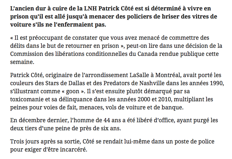 Le QUÉBÉCOIS CRIMINEL...Veut rester en PRISON...