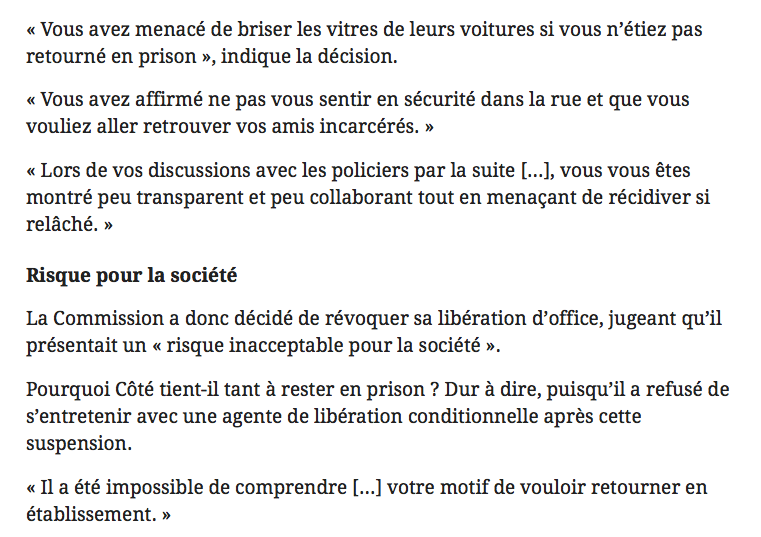 Le QUÉBÉCOIS CRIMINEL...Veut rester en PRISON...