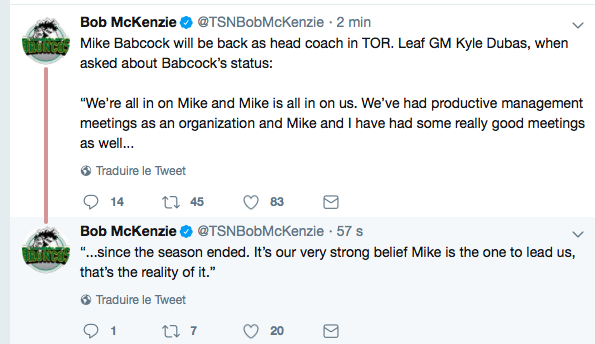 Mike Babcock RESTE à Toronto!!!