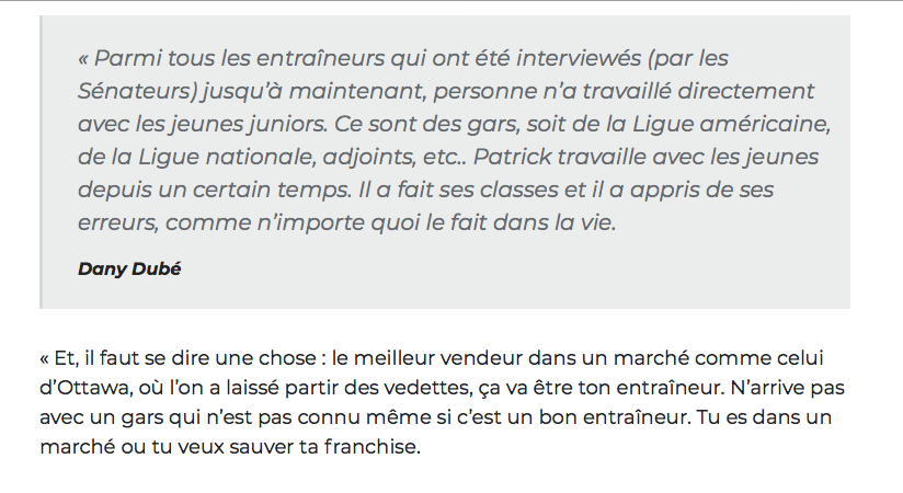 Patrick Roy à Ottawa....un COUP de CIRCUIT....