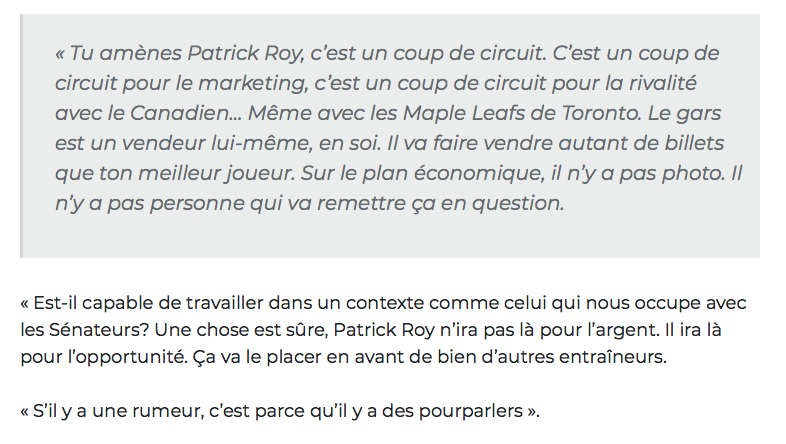 Patrick Roy à Ottawa....un COUP de CIRCUIT....