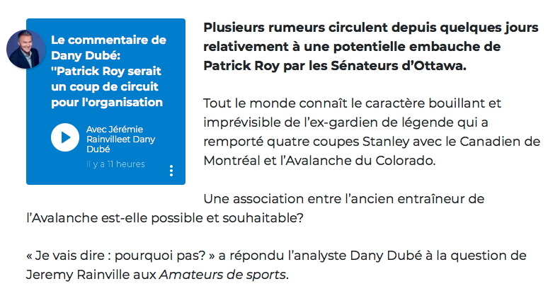 Patrick Roy à Ottawa....un COUP de CIRCUIT....