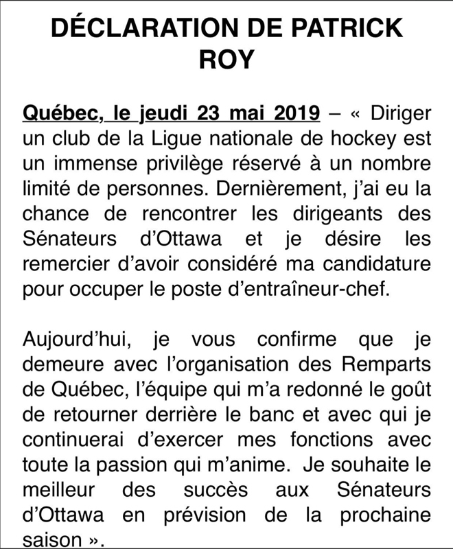 Patrick Roy a pris la peine d'émettre un communiqué...