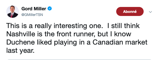 Au tour de Gord Miller de TSN de croire aux chances du CH dans le dossier Matt Duchene...